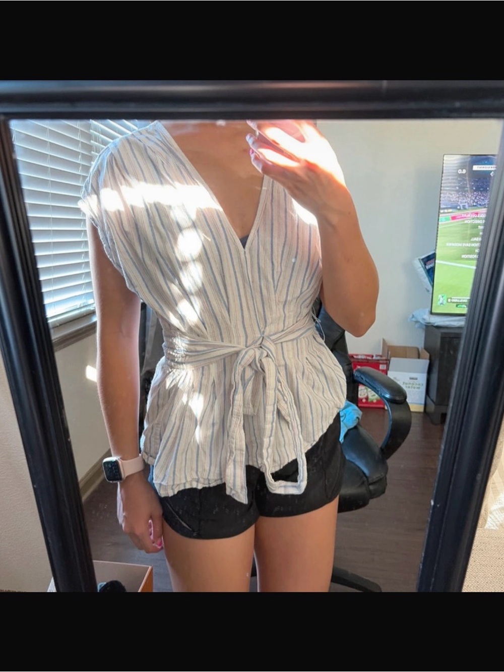 Max Studio Striped Tie-Waist V-Neck Blouse in White & Light Blue